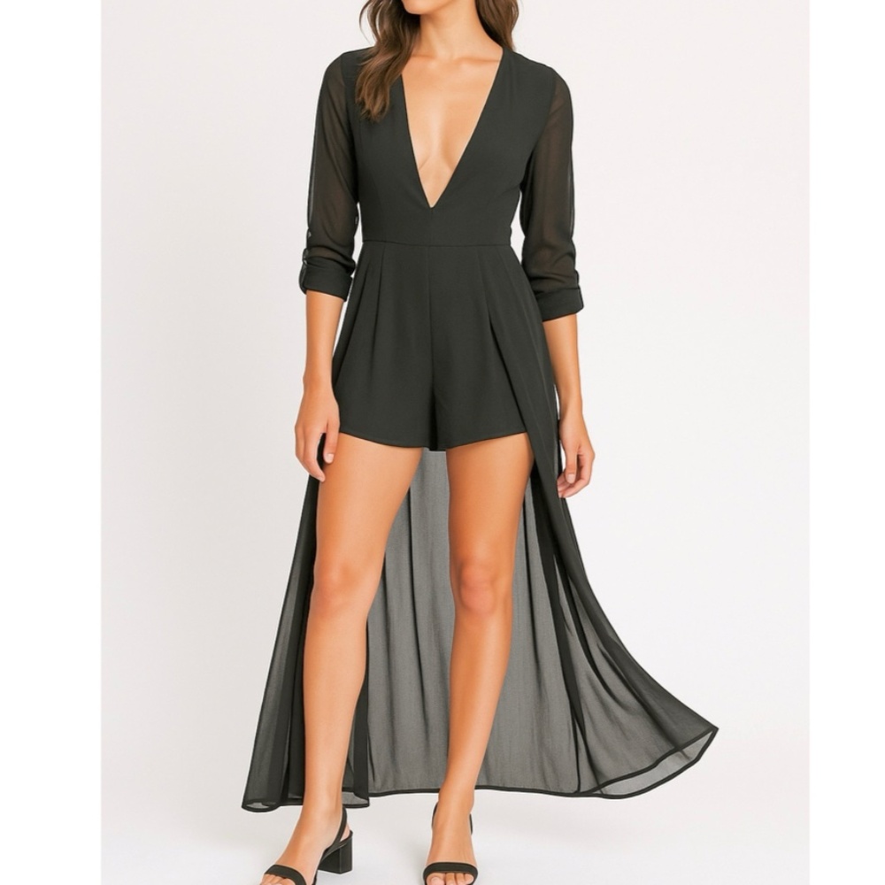 A’Gaci Black Sheer Long Sleeve Maxi Skirt Shorts Romper with Open Back